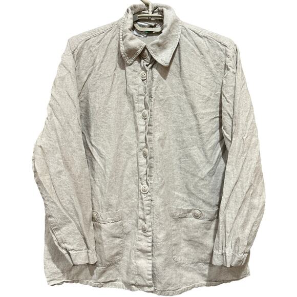 Coldwater Creek Top Women Petite Large Beige Button Up Long Sleeve Linen Blend - Picture 1 of 6